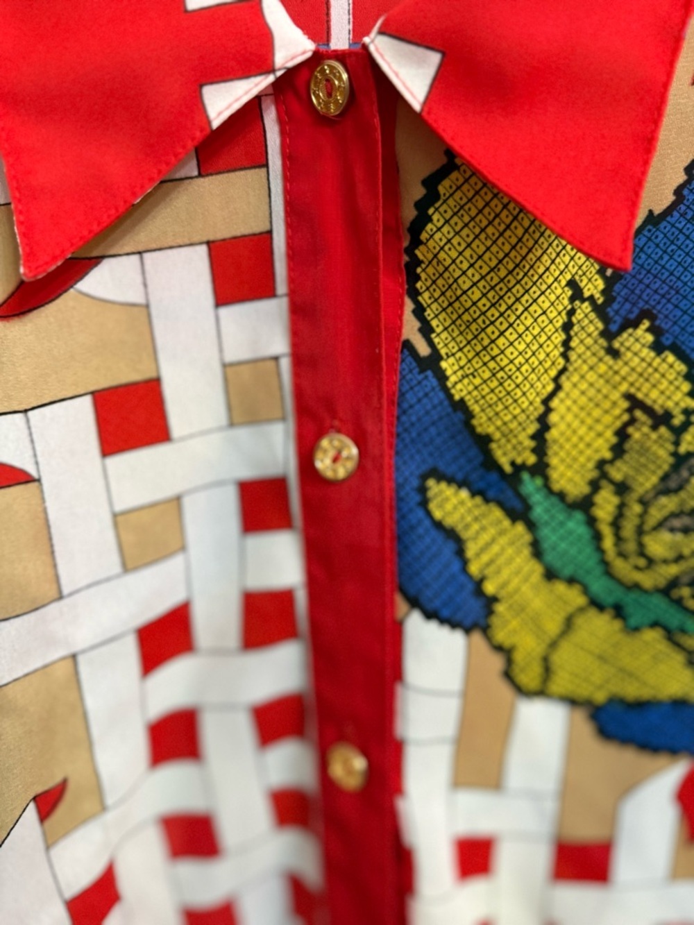 Vintage 90s Red Floral Geometric Button Up Blouse Art Print Retro Top whimisgoth - Picture 3 of 8
